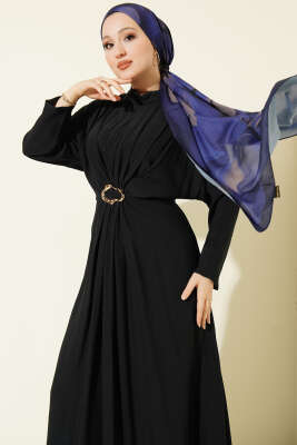 Önü Büzgülü Gold Tokalı Elbise Lacivert - Elbise