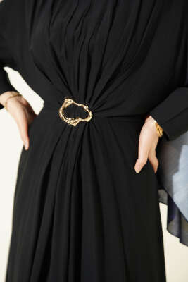 Önü Büzgülü Gold Tokalı Elbise Lacivert - Elbise