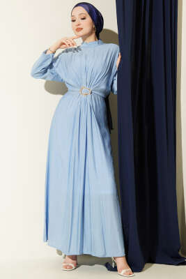 Önü Büzgülü Gold Tokalı Elbise Mavi - BERAT TEKSTİL