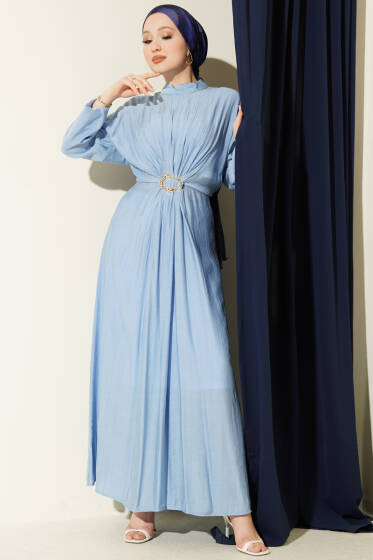 Önü Büzgülü Gold Tokalı Elbise Mavi - Elbise