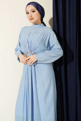 Önü Büzgülü Gold Tokalı Elbise Mavi - Elbise