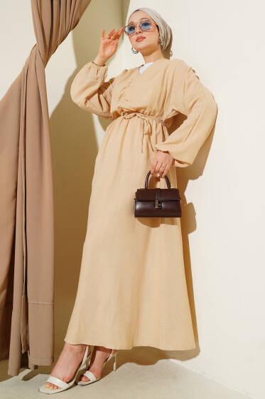 Önü Büzgülü İp Bağcıklı Elbise Bej - Elbise