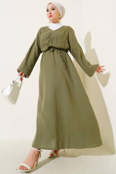 Önü Büzgülü İp Bağcıklı Elbise Haki - Elbise