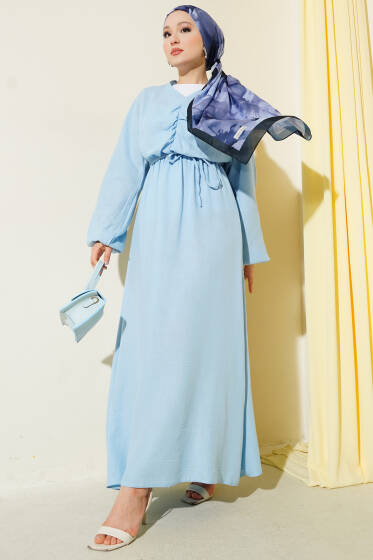 Önü Büzgülü İp Bağcıklı Elbise Mavi - Elbise