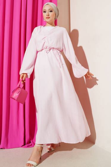 Önü Büzgülü İp Bağcıklı Elbise Pembe - Elbise
