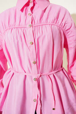 Önü Büzgülü İp Bağcıklı Gömlek Pembe - 300-500 TL Ürünler