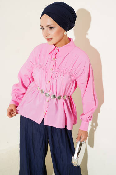 Önü Büzgülü İp Bağcıklı Gömlek Pembe - Gömlek