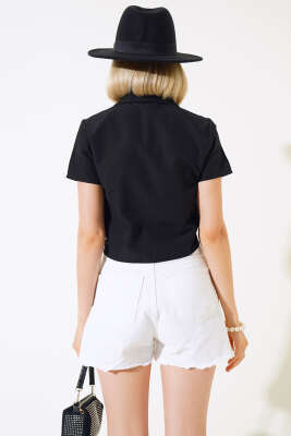 Önü Büzgülü Kısa Gömlek Siyah - Kadın Giyim Modelleri