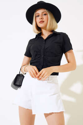 Önü Büzgülü Kısa Gömlek Siyah - Kadın Giyim Modelleri