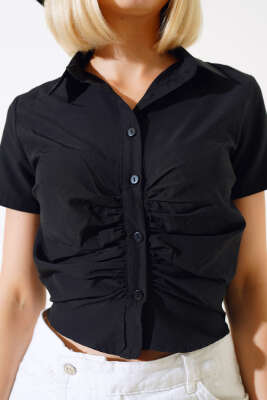 Önü Büzgülü Kısa Gömlek Siyah - Kadın Giyim Modelleri