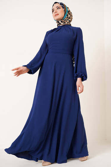 Önü Büzgülü Linda Elbise Lacivert - Tesettür Elbise