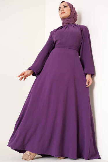Önü Büzgülü Linda Elbise Mor - Tesettür Elbise