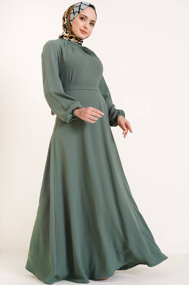 Önü Büzgülü Linda Elbise Yeşil - Tesettür Elbise