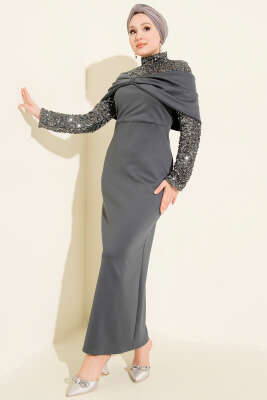 Önü Büzgülü Pul Payet Abiye Elbise Antrasit - CNR TEKSTİL