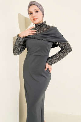 Önü Büzgülü Pul Payet Abiye Elbise Antrasit - Elbise