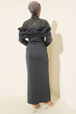 Önü Büzgülü Pul Payet Abiye Elbise Antrasit - Elbise