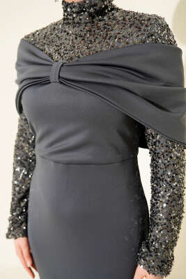 Önü Büzgülü Pul Payet Abiye Elbise Antrasit - Elbise