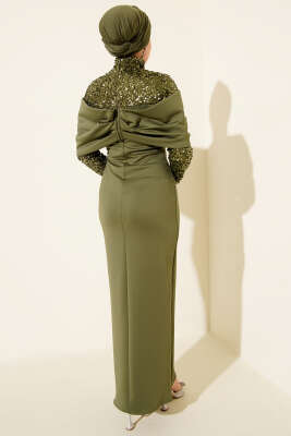 Önü Büzgülü Pul Payet Abiye Elbise Haki - Elbise