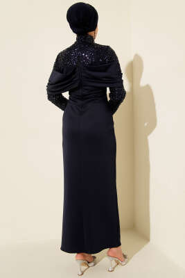 Önü Büzgülü Pul Payet Abiye Elbise Lacivert - Elbise