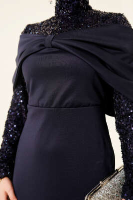 Önü Büzgülü Pul Payet Abiye Elbise Lacivert - Elbise