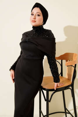 Önü Büzgülü Pul Payet Abiye Elbise Siyah - Elbise