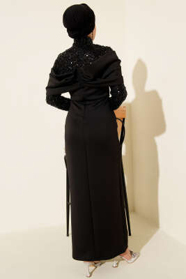 Önü Büzgülü Pul Payet Abiye Elbise Siyah - Elbise