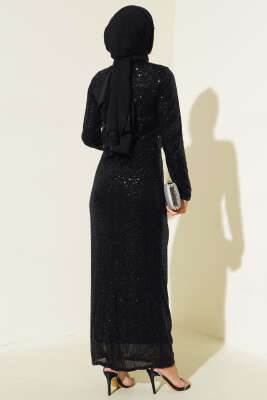 Önü Büzgülü Pul Payet Elbise Siyah - Tesettür Elbise