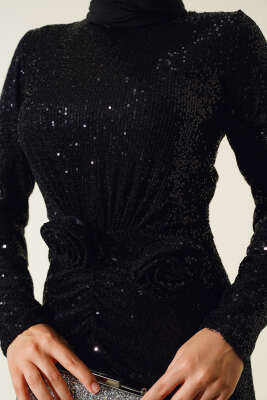 Önü Büzgülü Pul Payet Elbise Siyah - Tesettür Elbise