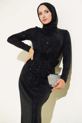 Önü Büzgülü Pul Payet Elbise Siyah - Tesettür Elbise
