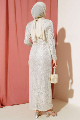 Önü Büzgülü Pul Payet Elbise Taş - Tesettür Elbise