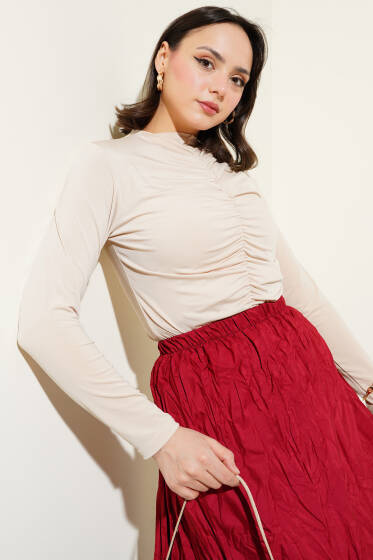 Önü Büzgülü Sandy Bluz Bej - Bluz