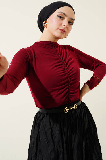 Önü Büzgülü Sandy Bluz Bordo - Bluz