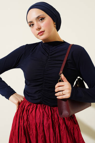 Önü Büzgülü Sandy Bluz Lacivert - Bluz