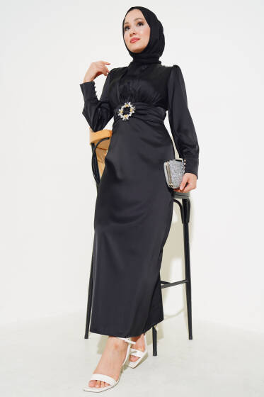 Önü Büzgülü Saten Abiye Elbise Siyah - Elbise