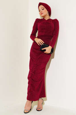 Önü Büzgülü Simli Elbise Bordo 