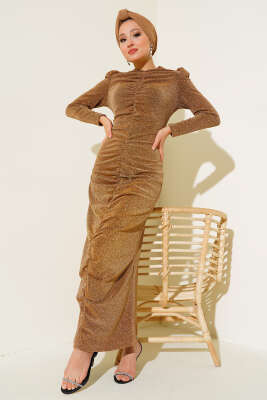 Önü Büzgülü Simli Elbise Camel - Tesettür Elbise
