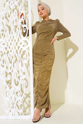 Önü Büzgülü Simli Elbise Gold - ZAMANE (QSS)