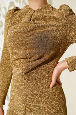 Önü Büzgülü Simli Elbise Gold - Tesettür Elbise