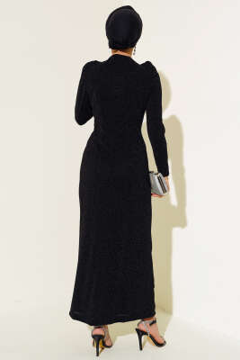 Önü Büzgülü Simli Elbise Siyah - Tesettür Elbise