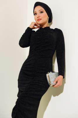 Önü Büzgülü Simli Elbise Siyah - Tesettür Elbise