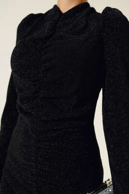 Önü Büzgülü Simli Elbise Siyah - Tesettür Elbise