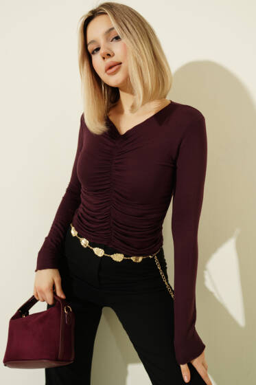 Önü Büzgülü Uzun Kol Body Mürdüm - Kadın Giyim Modelleri