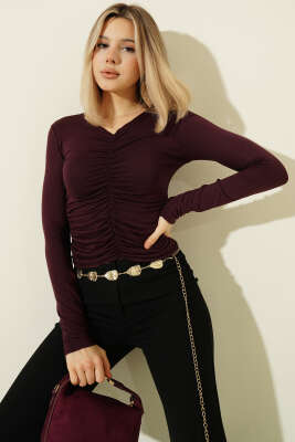 Önü Büzgülü Uzun Kol Body Mürdüm - Kadın Giyim Modelleri