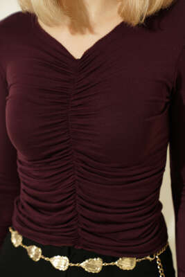 Önü Büzgülü Uzun Kol Body Mürdüm - Kadın Giyim Modelleri