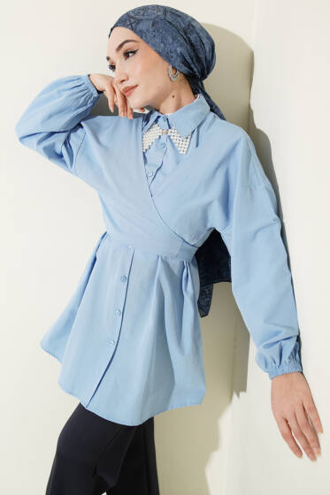 Önü Çapraz Bağlamalı Gömlek Bebe Mavi - Gömlek
