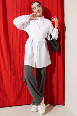 Önü Çapraz Bağlamalı Gömlek Beyaz - Gömlek