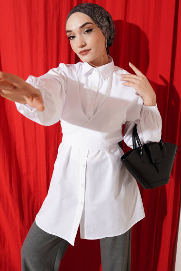 Önü Çapraz Bağlamalı Gömlek Beyaz - Yılın Fırsatı