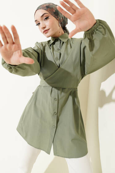 Önü Çapraz Bağlamalı Gömlek Haki - Gömlek