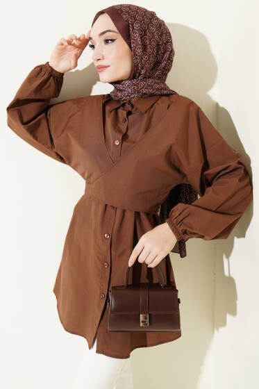 Önü Çapraz Bağlamalı Gömlek Kahve - Gömlek