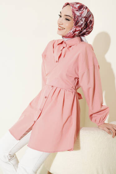 Önü Çapraz Bağlamalı Gömlek Pudra - Gömlek
